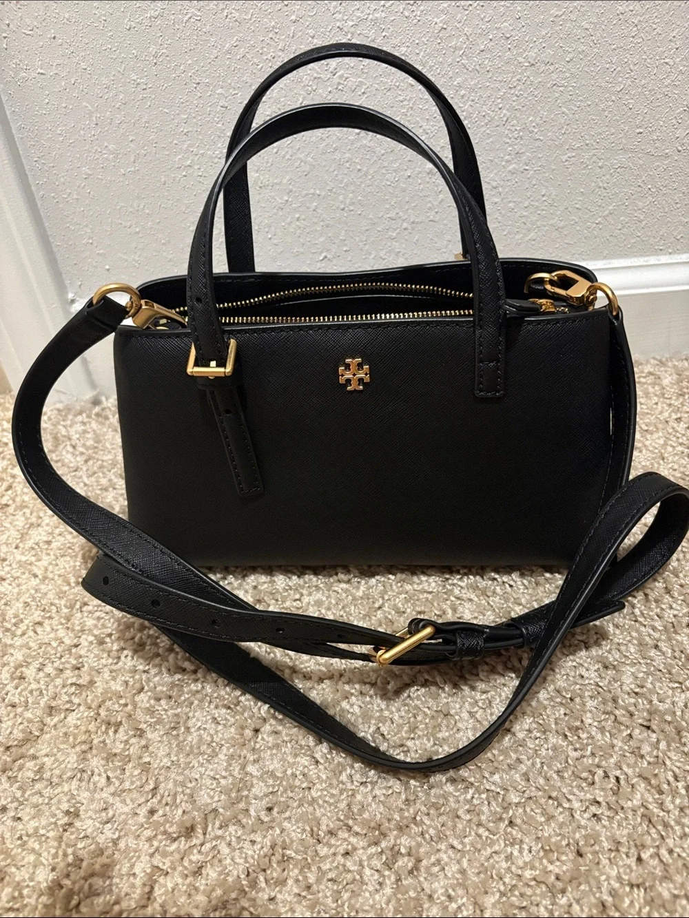 Tory Burch Black Saffiano Leather Top-Handle Satchel with Gold Logo